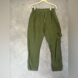 Meo Meli Women Olive Green 100% Linen Drawstring Cargo Pant One Size
